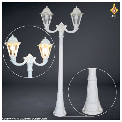 Garden Light Classic 1.5-meter Pole with Classic post brackets & classic Two 6-Sides Lamps , White Color