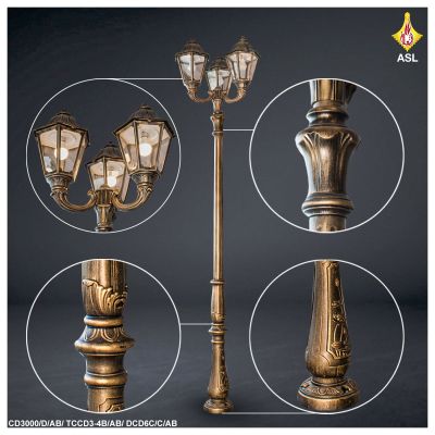 Garden Light Classic 3.0-meter Pole with classic Three 6-Sides Lamp & Classic post brackets, Bronze Color